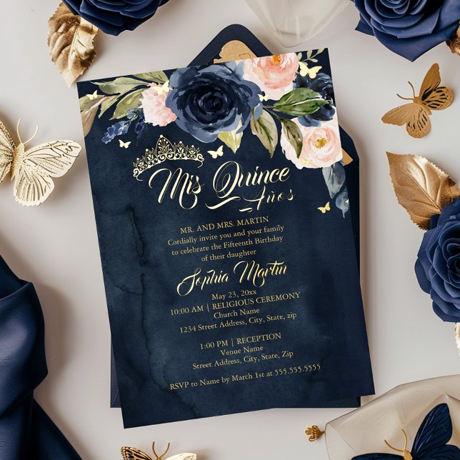 Navy Blush Gold Butterfly Mis Quince Quinceanera Folieneinladung (Von Creator hochgeladen)