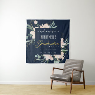 NAVY BLUSH GOLD FLORAL GRADUATION PARTY WILLKOMMEN WANDTEPPICH
