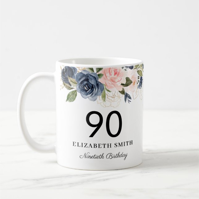 Navy Blush Gold Floral Personalisiert 90. Geburtst Kaffeetasse (Links)
