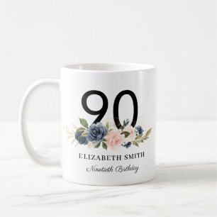 Navy Blush Gold Floral Personalisiert 90. Geburtst Kaffeetasse