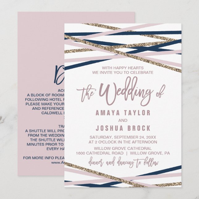 Navy Blush & Gold Streamers - Details zur Back Wed Einladung (Vorne/Hinten)