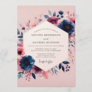 Navy-Blush-Hochzeitsblüten Einladung