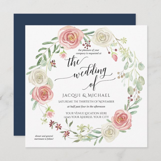 Navy Blush Ivory Rose Foliage Hochzeit Wasserfarbe Einladung (Vorne/Hinten)