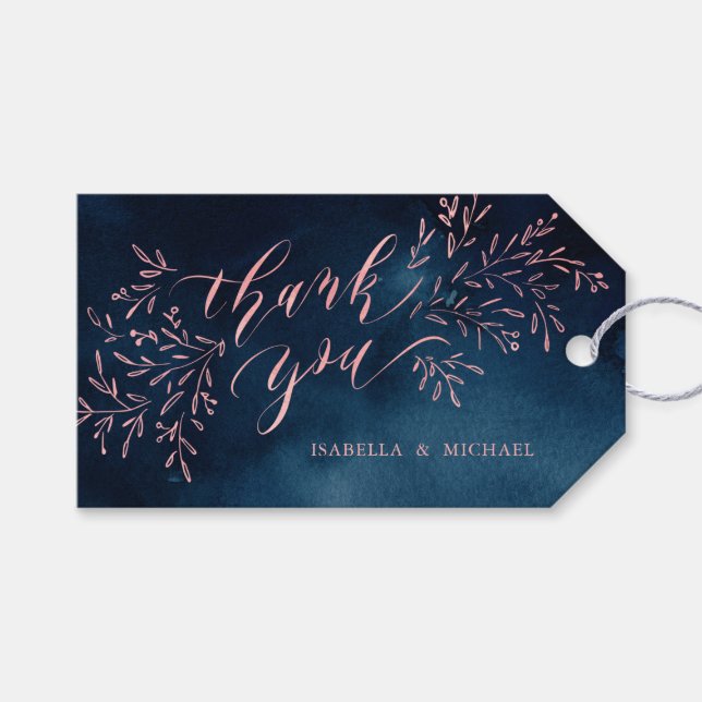 Navy Blush Kalligraphie danken Ihnen rustikalen Bl Geschenkanhänger (Vorderseite (Horizontal))