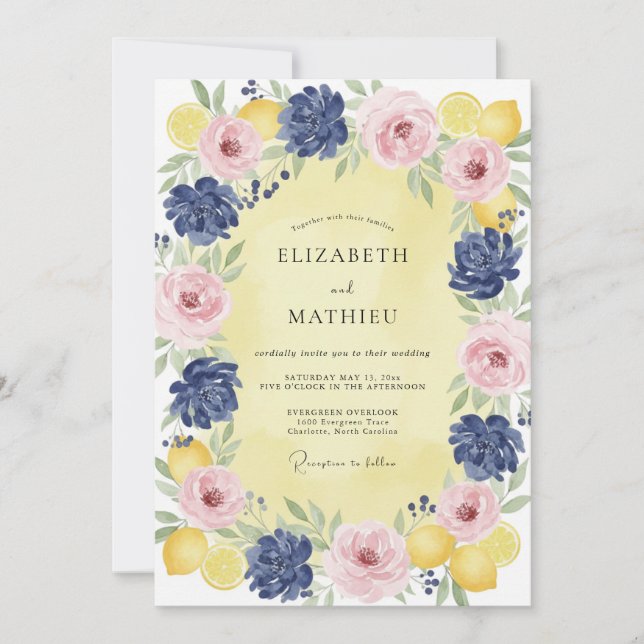 Navy-Blush-Lemon-Kranz-Hochzeit Einladung (Vorderseite)