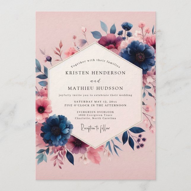 Navy Blush Moody Bloom Wedding Einladung (Vorderseite)