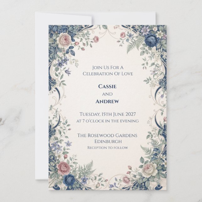Navy-Blush-Ornamentale-Floral-Hochzeit Einladung (Vorderseite)