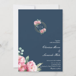 Navy Blush Pfingstrose Gold Rahmen Hochzeit  Einladung