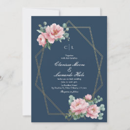 Navy Blush Pfingstrose Gold Rahmen Hochzeit  Einladung