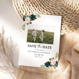 Navy & Blush Pink Bloral Save the Date mit Foto