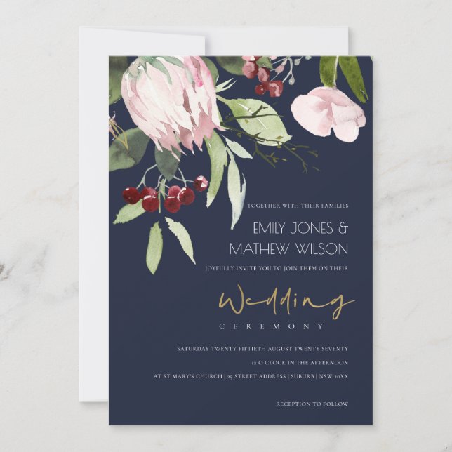 NAVY BLUSH PINK BURGUNDY PROTEA FLORAL WEDD EINLADUNG (Vorderseite)