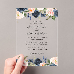 Navy Blush Pink Elegante Botanische Florale Hochze Acryleinladungen