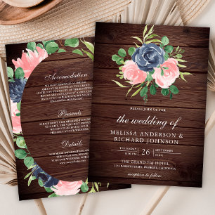 Navy Blush Pink Floral All in One Wood Wedding Einladung