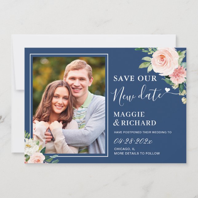 Navy Blush Pink Floral Rettete unser neues Datum Save The Date (Vorderseite)
