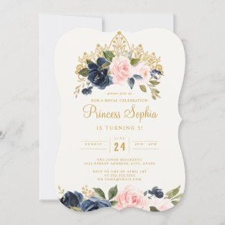 Navy Blush Princess Floral Tiara Birthday Einladung