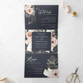 NAVY BLUSH RUST MONSTERA FLORA WATERCOLOR WEDD DREIFACH GEFALTETE EINLADUNG