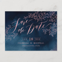 Navy Blush rustikale Blumenkalligraphie Save the D Ankündigungspostkarte