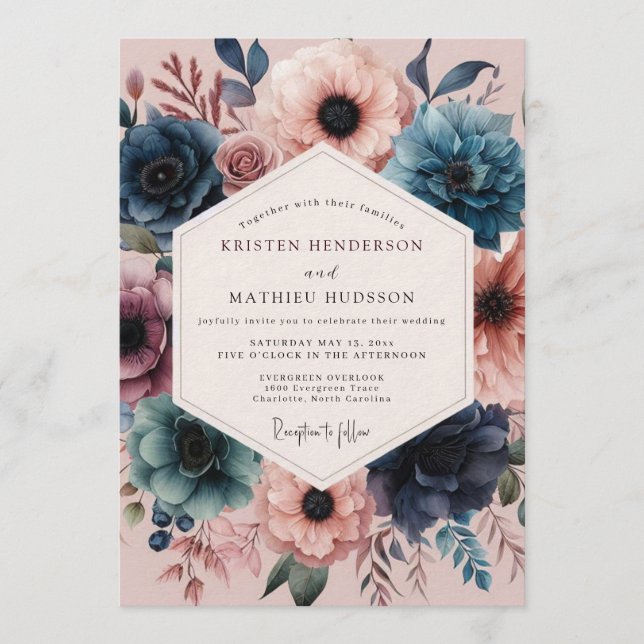Navy Blush Vivid Flora Wedding Einladung (Vorderseite)