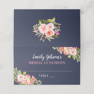 Navy-Blush-Wasserfarben-Blumen-Hochzeits-Braut- Platzkarte