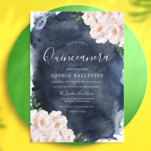 Navy Blush Watercolor Floral Quinceanera-Einladung