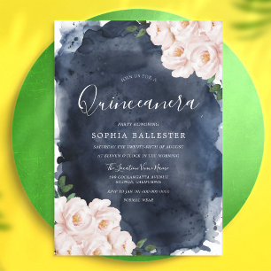 Navy Blush Watercolor Floral Quinceanera-Einladung Einladung