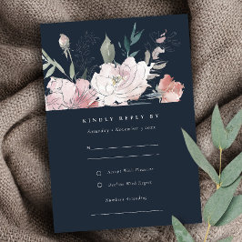 Navy Blush Watercolor Floral Wedding Details RSVP Karte