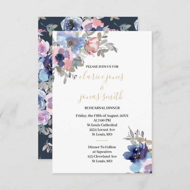 Navy & Blush Watercolor Flowers Rehearsal Dinner Einladung (Vorne/Hinten)