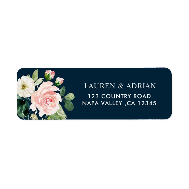 Navy Blush White Floral Address Rücksendeadresse (Vorne)