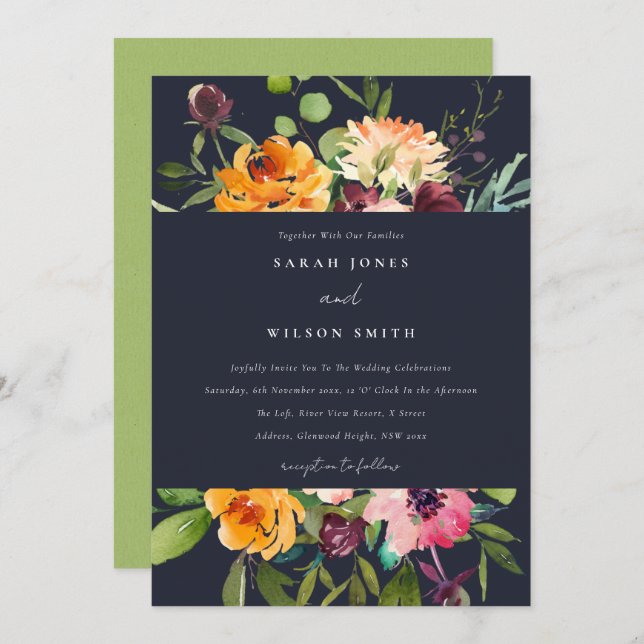 NAVY BLUSH YELLOW ORANGE FLORAL BUNCH WEDD EINLADUNG (Vorne/Hinten)