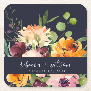 NAVY BLUSH YELLOW ORANGE FLORAL BUNCH WEDD RECHTECKIGER PAPPUNTERSETZER