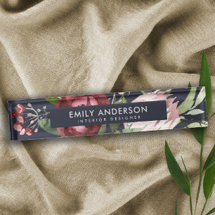 NAVY BLUSPINK BURGUNDY PROTEA FLORAL WATERCOLOR NAMENSPLAKETTE