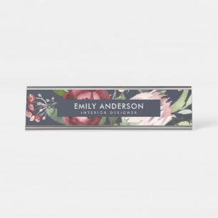 NAVY BLUSPINK BURGUNDY PROTEA FLORAL WATERCOLOR SCHREIBTISCHNAMENSPLAKETTE