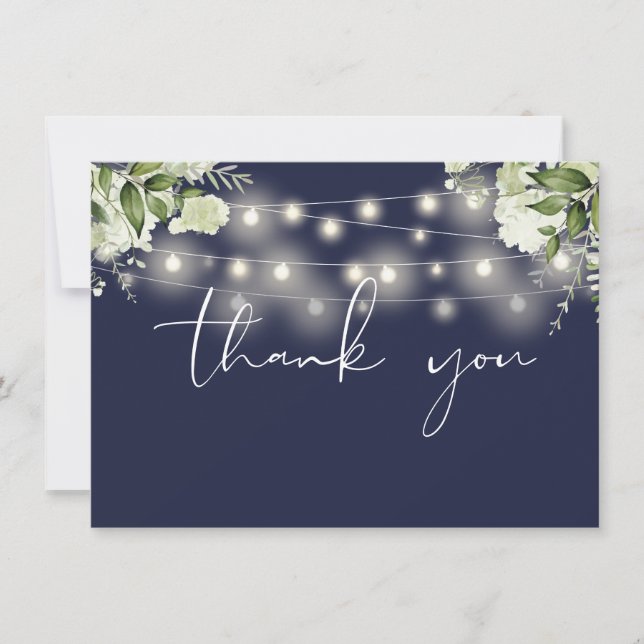 Navy Blütengrün String Lights Dankeskarte (Vorderseite)