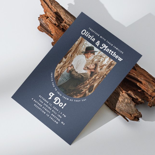 Navy Bogen Foto Retro Groovy Hochzeit Einladung (Von Creator hochgeladen)