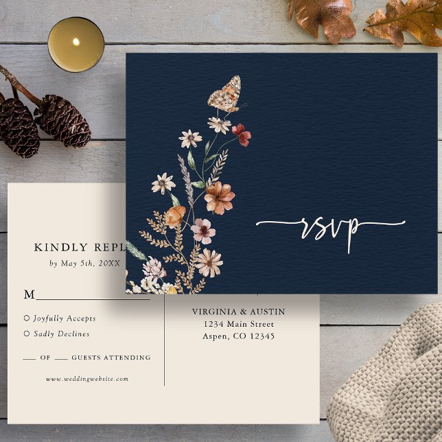 Navy Boho UAWG Wedding Postcard Postkarte (Navy Wildflower Floral Boho RSVP Wedding Postcard with Butterfly by Painted Paperie
)