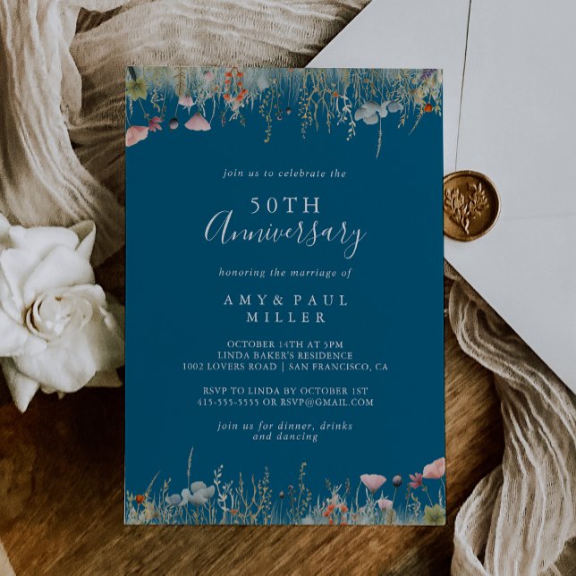 Navy Boho Wildblume 50. Hochzeitstag Einladung (Von Creator hochgeladen)