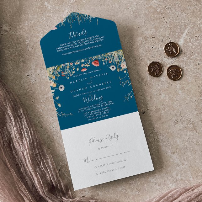 Navy Boho Wildblume Wedding All In One Einladung (Von Creator hochgeladen)