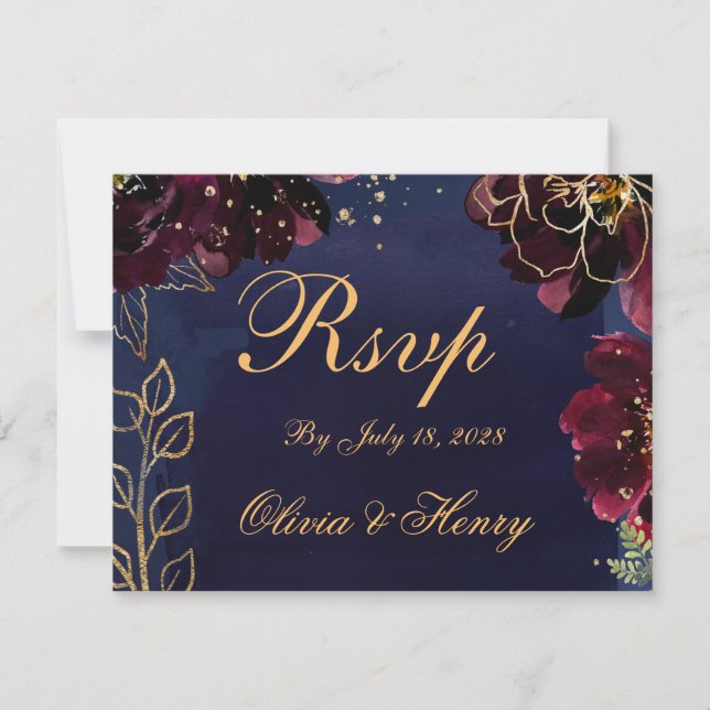 Navy Bordeaux Wedding RSVP Mail Back Card (Vorderseite)