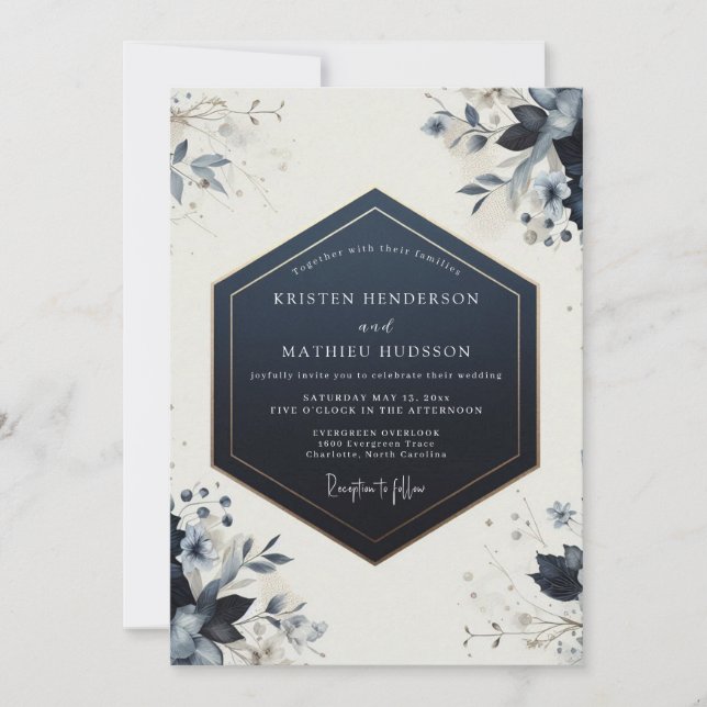 Navy Botanical Bloom Wedding Einladung (Vorderseite)