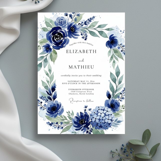 Navy Botanical Bloom Wedding Einladung (Von Creator hochgeladen)