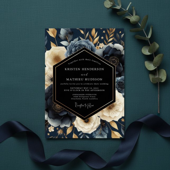 Navy Botanical Opulent Wedding Einladung (Von Creator hochgeladen)