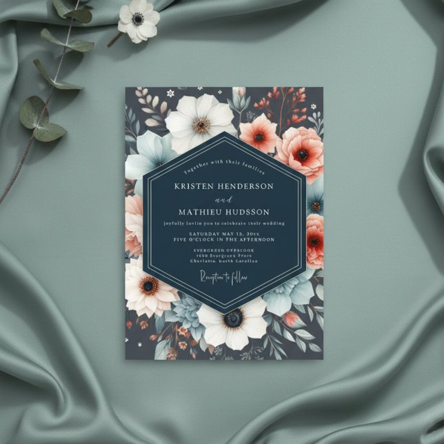 Navy Botanical Romance Wedding Einladung (Von Creator hochgeladen)