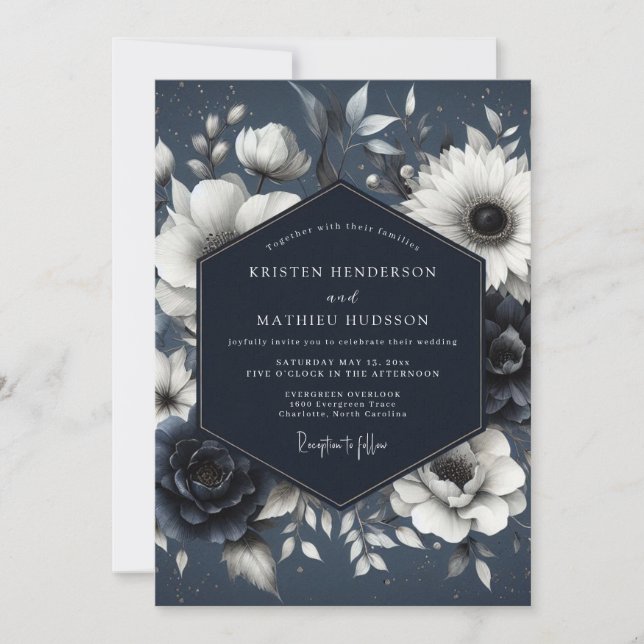 Navy Botanical Whimsy Wedding Einladung (Vorderseite)