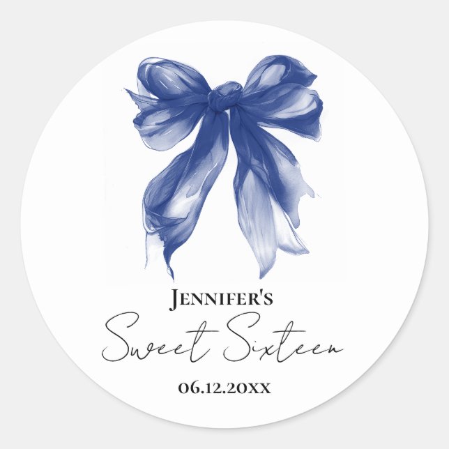 Navy Bow Coquette Script Sweet 16 Party  Runder Aufkleber (Vorderseite)