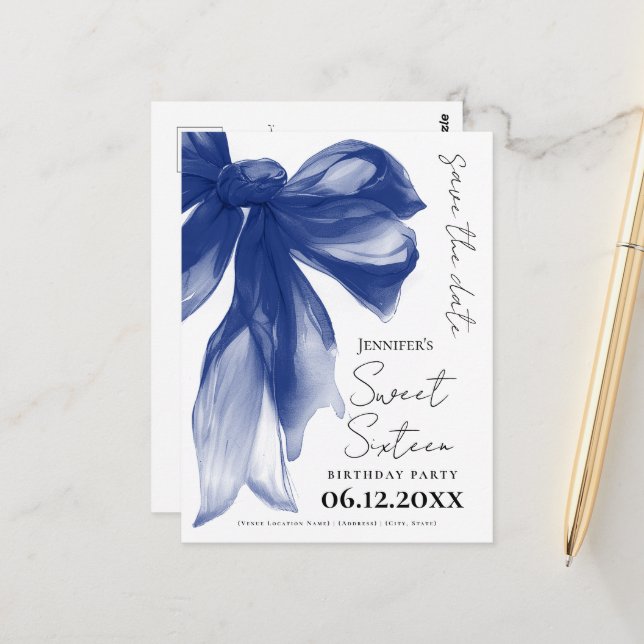 Navy Bow Coquette Sweet 16 Save the Date  Postkarte (Vorderseite/Rückseite Beispiel)