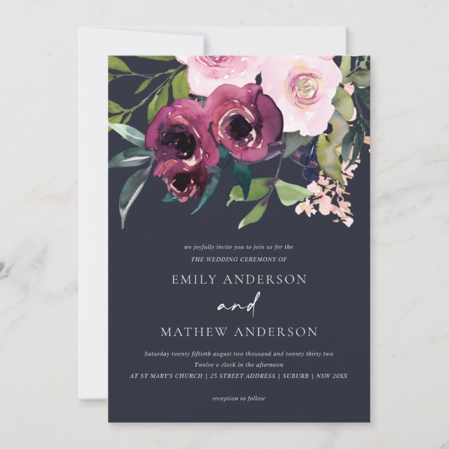 NAVY BRIGHT BLUSH BURGUNDY FLORAL BUNCH WEDING EINLADUNG (Vorderseite)