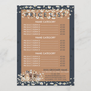 Navy Brown Daisy Blume Dog Groomer Preisliste Menükarte