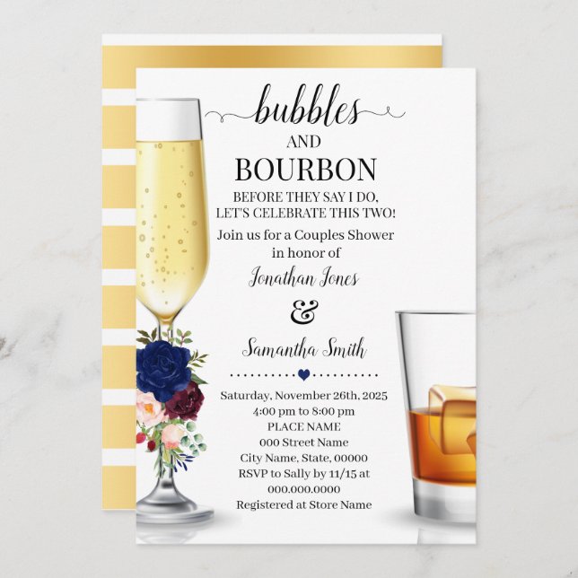 Navy Bubbles & Bourbon bevor ich Paare Dusche. Einladung (Vorne/Hinten)
