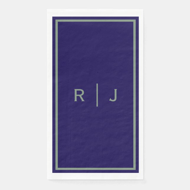 Navy Bue Sage Grün Monogramm Name Coole Hochzeit Serviette (Vorderseite)