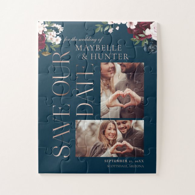 Navy & Burgund Florals Foto Rettete unser Datum Puzzle (Vertikal)